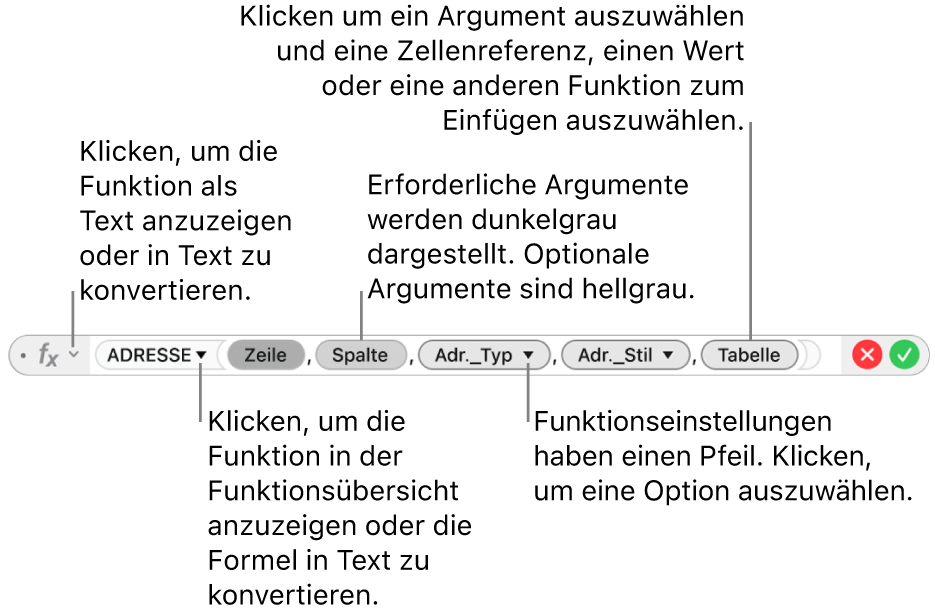 Der Formeleditor mit der Funktion ADRESSE und ihren Argument-Token