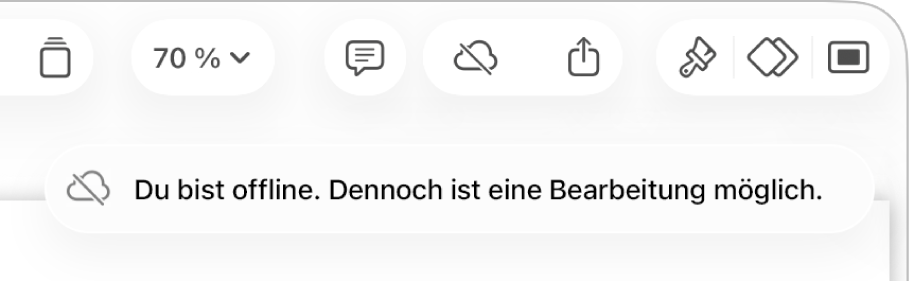 Die Tasten oben auf dem Bildschirm, darunter die Taste „Zusammenarbeit“, die als mit einer diagonalen Linie durchgestrichenen Wolke dargestellt wird. Ein Hinweis auf dem Bildschirm besagt, dass du offline bist, aber weiterhin arbeiten kannst.