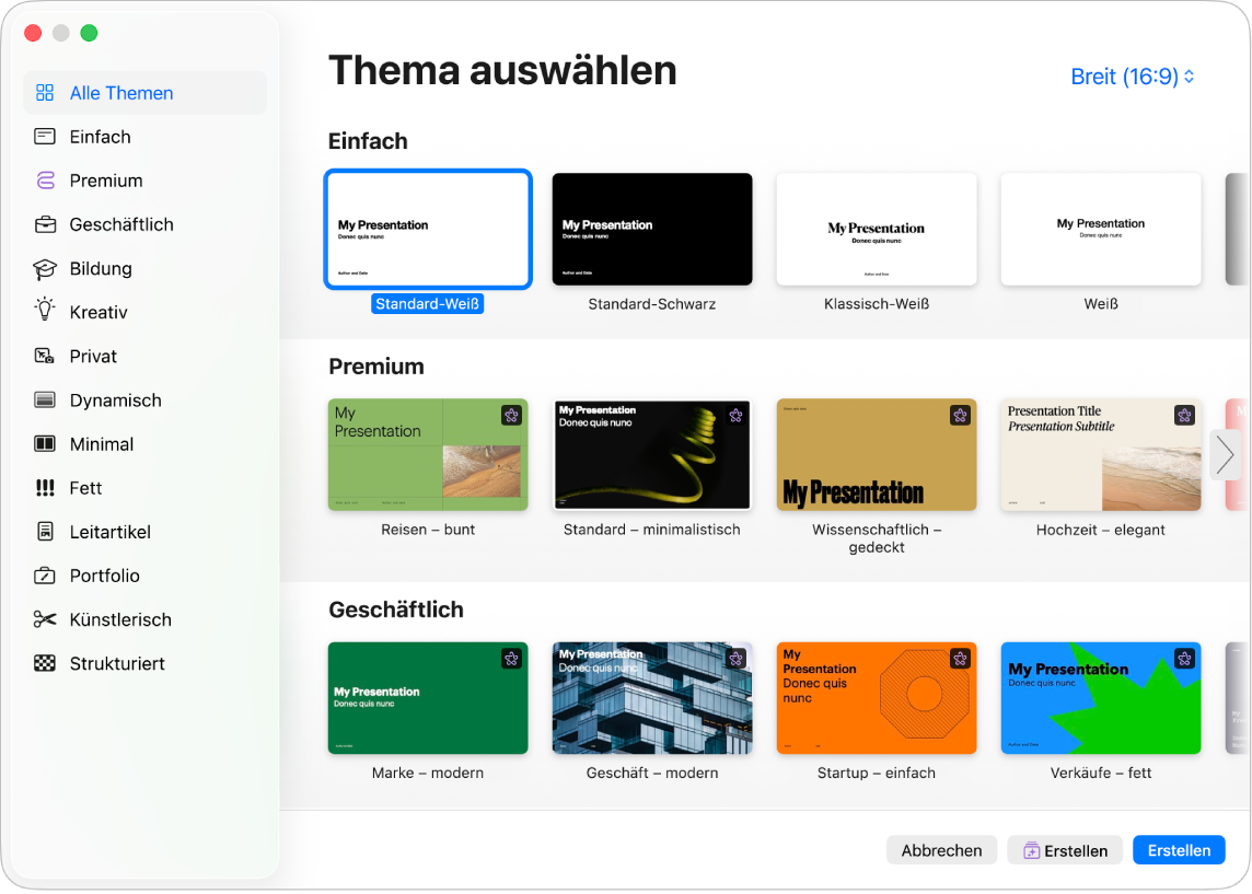 Die Themenauswahl. Eine Seitenleiste links enthält eine Liste mit Themenkategorien, auf die du klicken kannst, um Optionen zu filtern. Rechts befinden sich Miniaturen von vordefinierten Themen in Zeilen nach Kategorie sortiert.