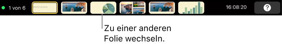 Die MacBook Pro-Touch Bar mit Steuerelementen zum Verlassen der Präsentation, zum gezielten Wechseln zu Folien und Wechseln des Moderatormonitors.