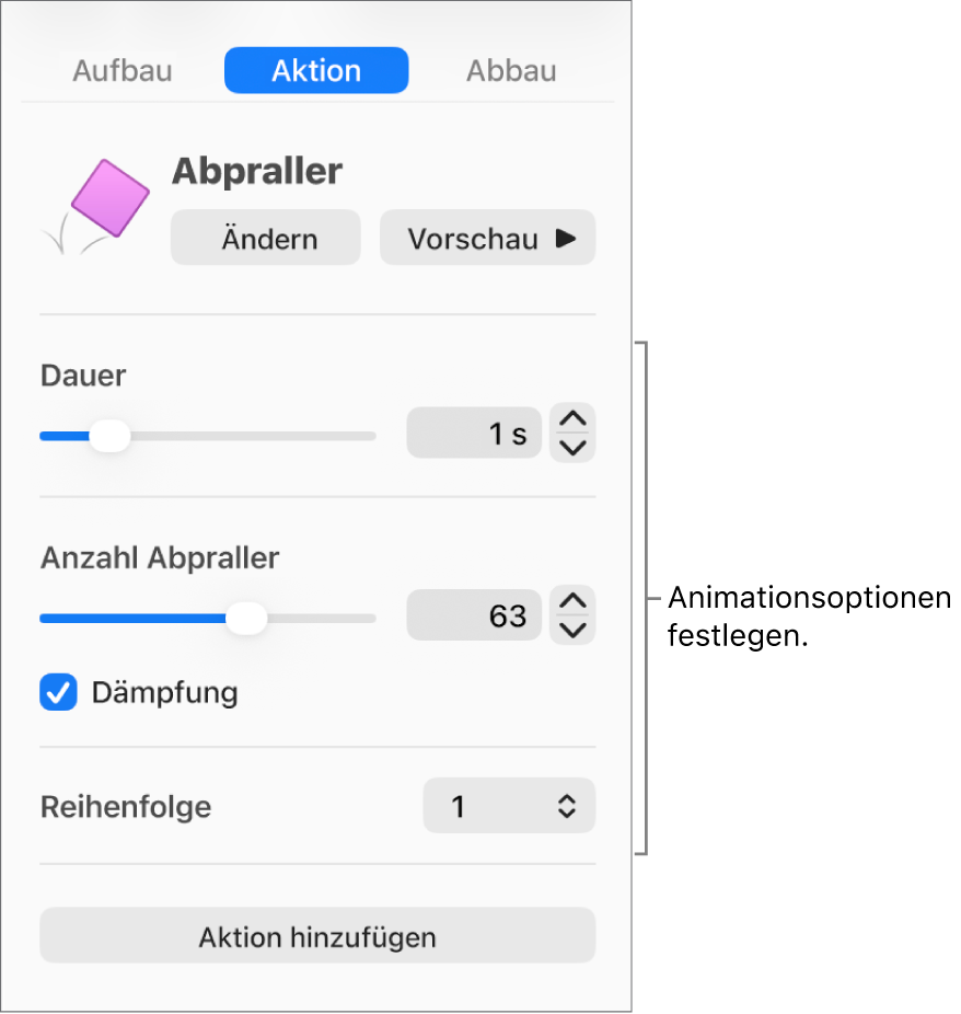 Steuerelemente für Aktionen im Bereich für Animationen in der Seitenleiste