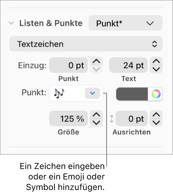 Der Abschnitt „Listen & Punkte“ in der Seitenleiste „Format“ Das Feld „Punkt“ mit einem Blumen-Emoji