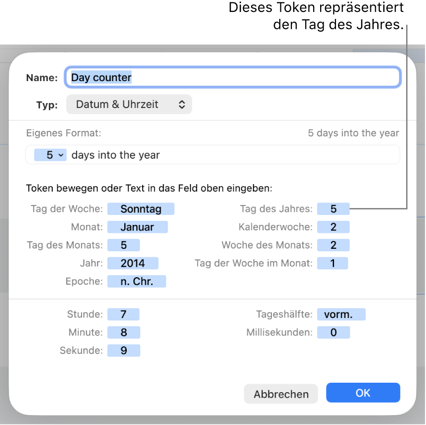 Das Fenster für ein eigenes Zellenformat mit Steuerelementen zum Erstellen eines Datums- und Uhrzeitformats
