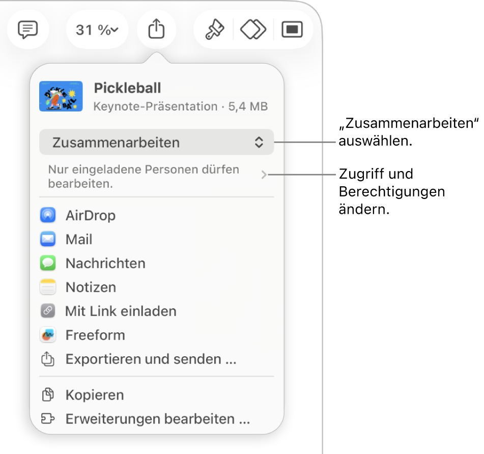 Im Menü „Teilen“ ist „Zusammenarbeiten“ oben ausgewählt und die Einstellungen für Zugriff und Berechtigungen befinden sich darunter.
