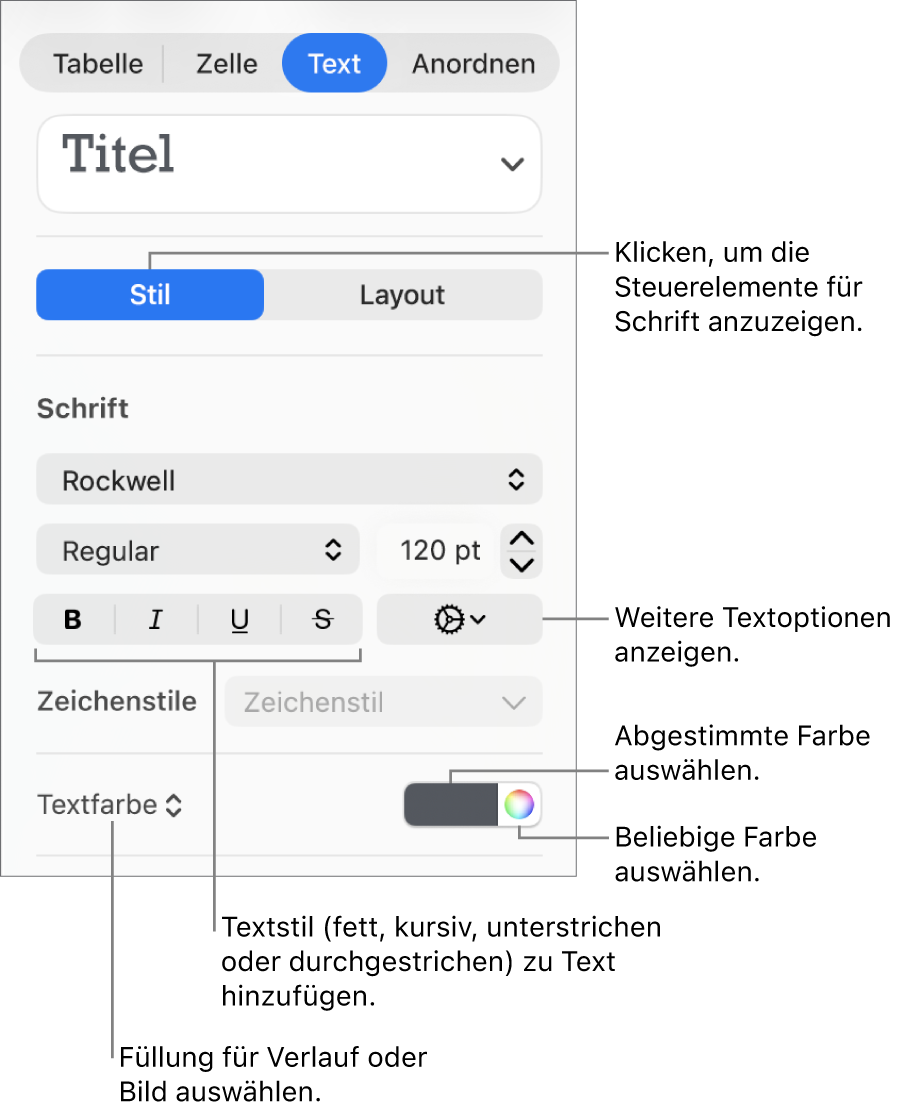 Die Steuerelemente zum Anpassen des Tabellentexts
