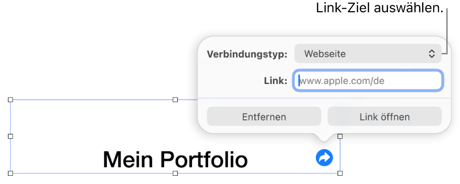 Die Steuerelemente des Linkeditors mit ausgewählter Webseite und den Tasten „Entfernen“ und „Link öffnen“ unten.