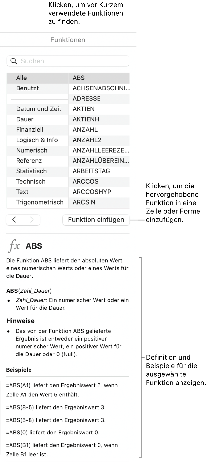 Die Funktionsübersicht mit Beschreibungen für die zuletzt verwendeten Funktionen, die Taste „Funktion einfügen“ und die Definition der Funktion