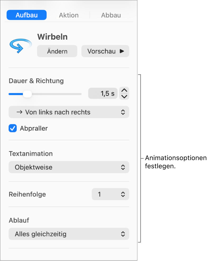 Aufbauoptionen im Tab für Animationen in der Seitenleiste