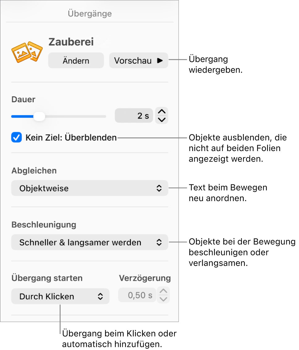 Steuerelemente für Zauberei im Bereich „Übergänge“ in der Seitenleiste „Animieren“