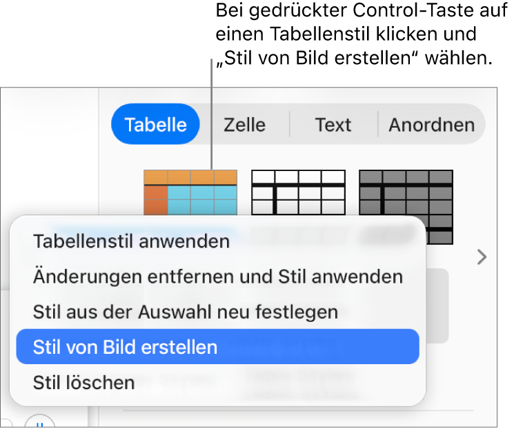 Das Kontextmenü für den Tabellenstil