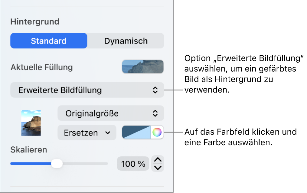 Die Steuerelemente „Hintergrund“ mit farbiger Option „Erweiterte Bildfüllung“, die als Folienhintergrund festgelegt ist.