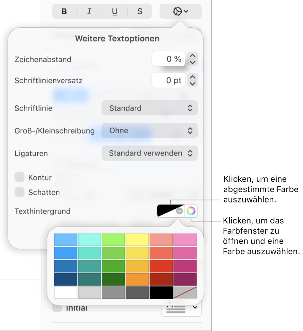 Steuerelemente zur Auswahl einer Hintergrundfarbe für Text.