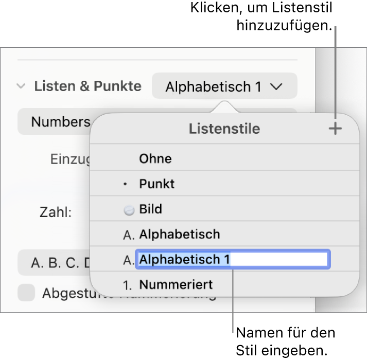 Das Einblendmenü „Listenstile“ mit einer Taste „Hinzufügen“ oben rechts und einem Platzhalter für einen Stilnamen mit ausgewähltem Text