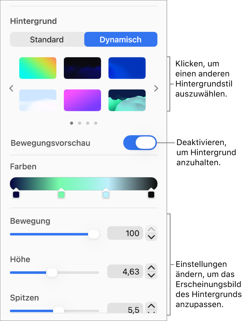 Die ausgewählte Taste „Dynamisch“ im Bereich „Hintergrund“ der Seitenleiste „Format“ mit den dynamischen Hintergrundstilen, dem Steuerelement „Bewegungsvorschau“ und den Steuerelementen für die Darstellung