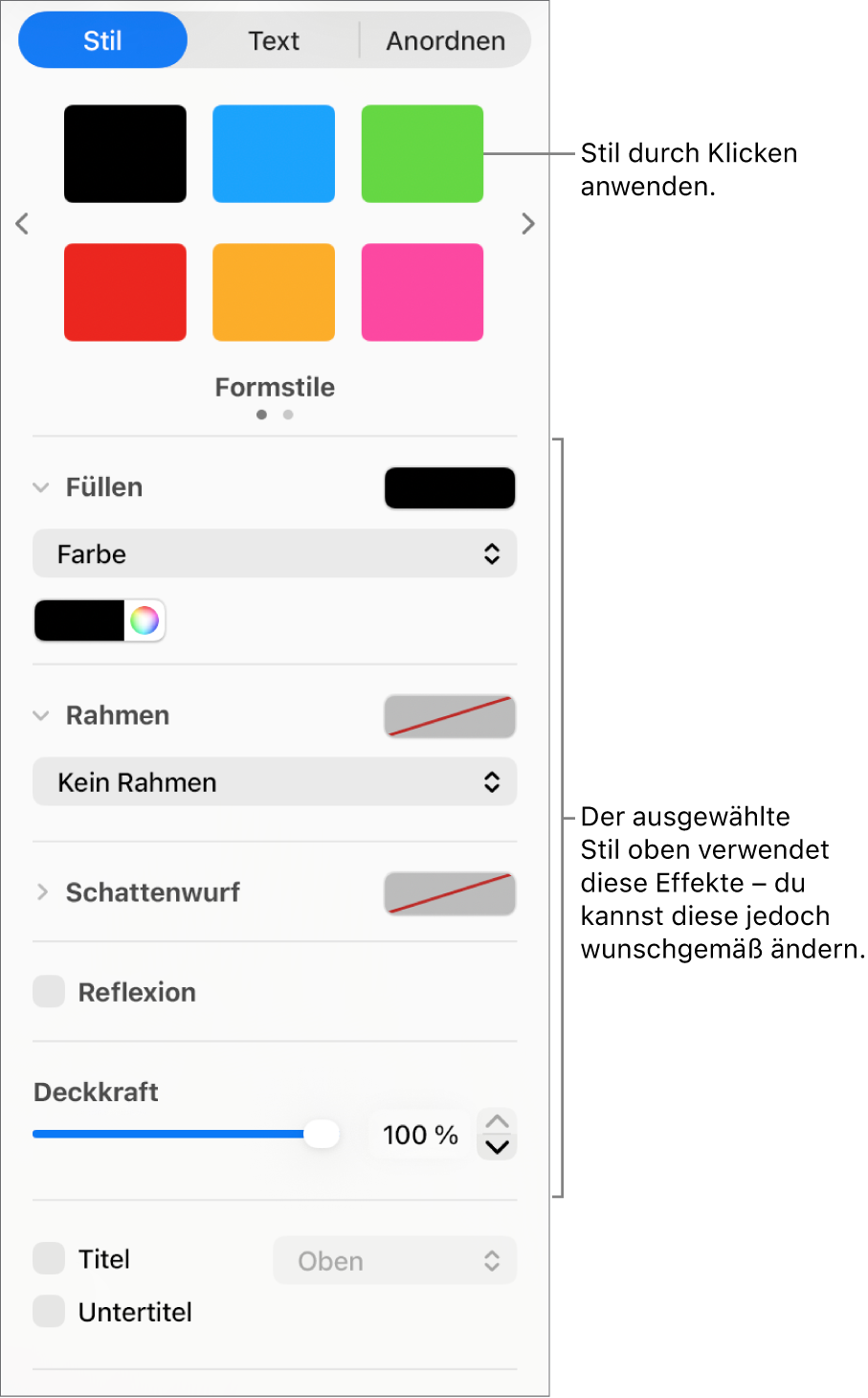 Formstile und -optionen im Bereich „Format“ der Seitenleiste