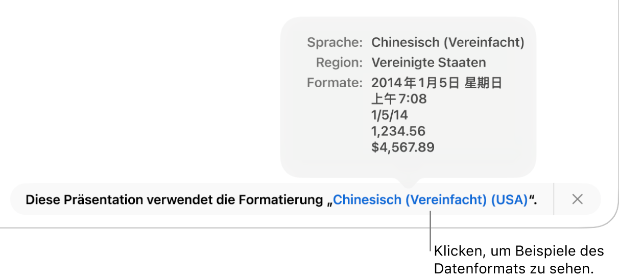 Die Mitteilung zur anderen Sprache und Region mit Beispielen der Formatierung in dieser Sprache und Region.