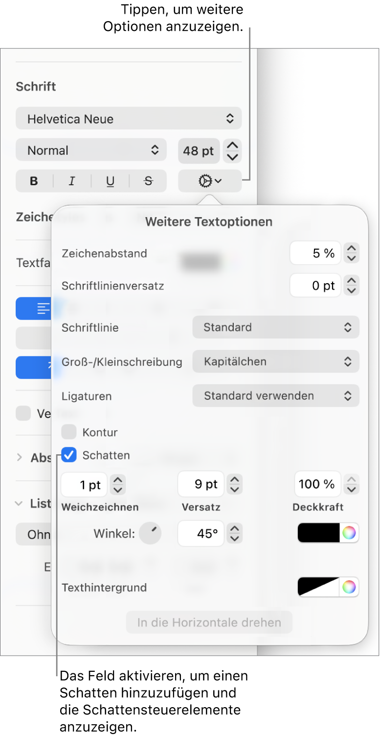 Der geöffnete Bereich „Erweiterte Optionen“ mit der aktivierten Option „Schatten“ und Steuerelementen zum Konfigurieren von „Weichzeichnen“, „Versatz“, „Deckkraft“ und „Winkel“ sowie der Farbe.