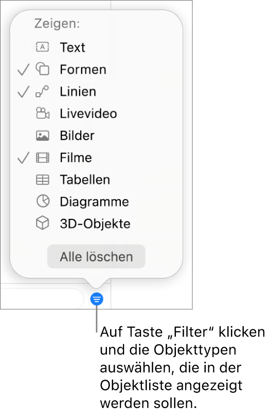 Das geöffnete Einblendmenü „Filter“ mit verschiedenen Objekttypen (Text, Formen, Linien, Bilder, Filme, Tabellen und Diagramme), die in der Liste enthalten sein können