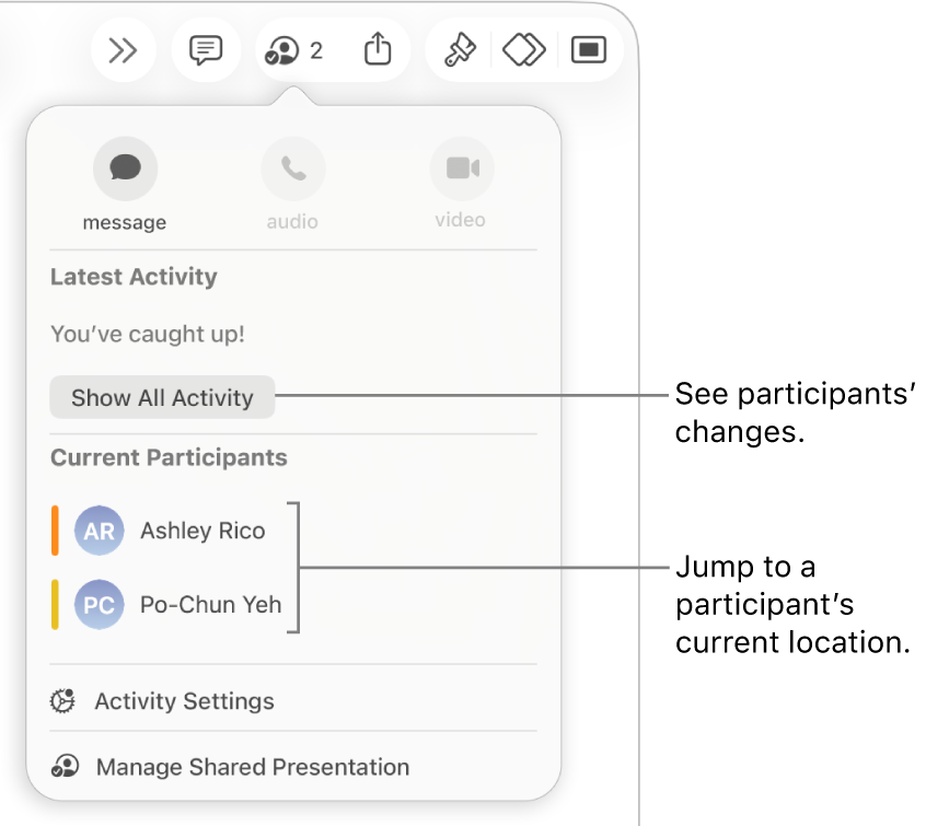 The collaboration menu with two current participants listed.