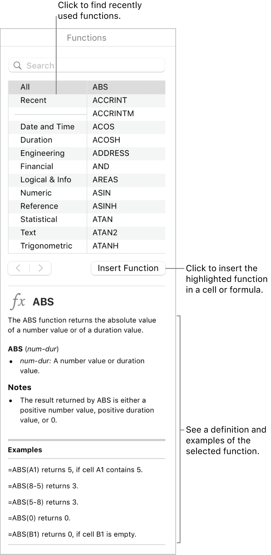 The Function Browser with a call out to recently used functions, the Insert Function button and the function definition.