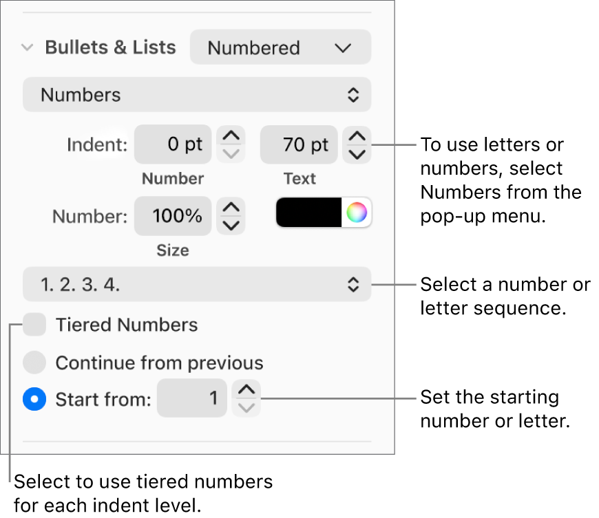 Controls for changing the number style and spacing of a list.