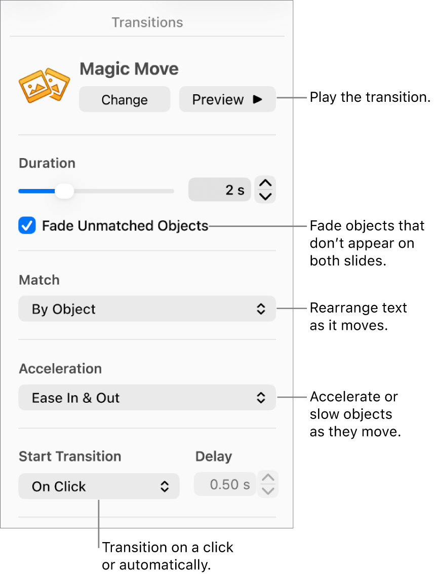 Magic Move transition controls in the Transitions section of the Animate sidebar.