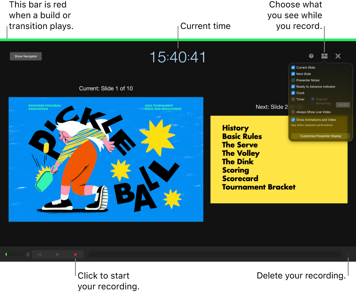 Screenshot of voice recording mode on the presenter display. The current and next slide, the current time, and the presenter display controls are visible. The control to start and end the recording and the control to delete the recording appear near the bottom of the display.