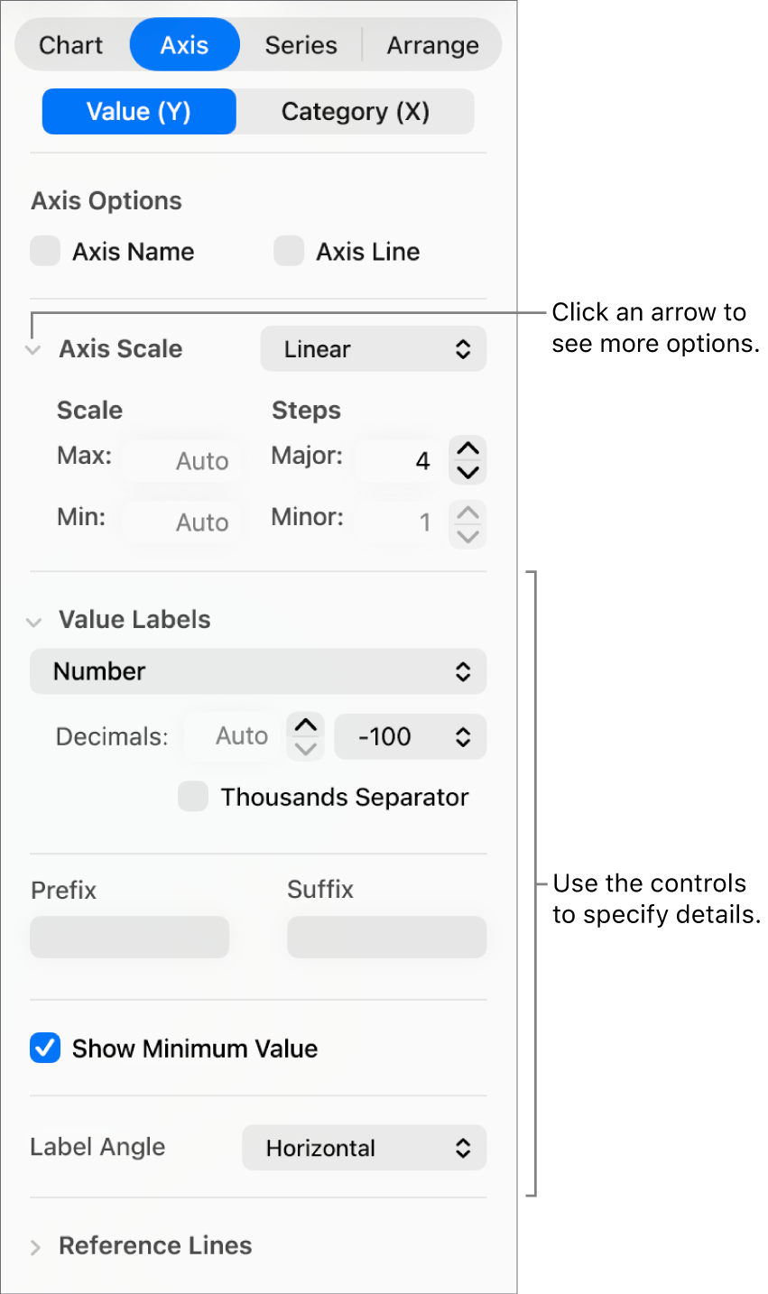 Controls for formatting chart axis markings.