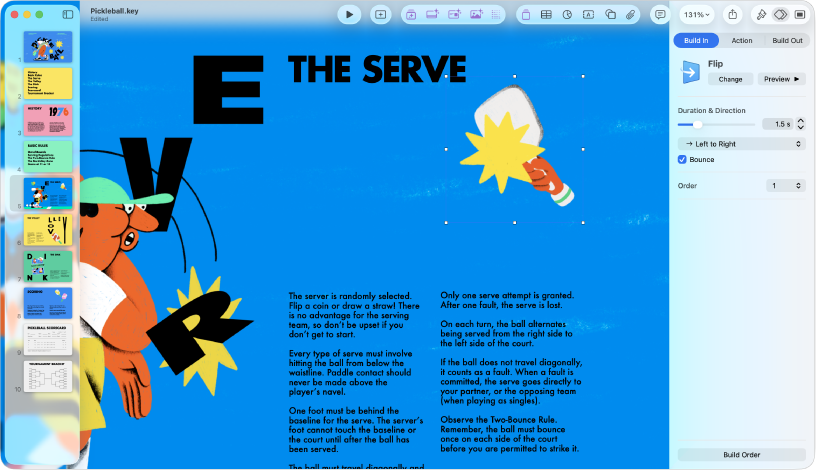 The Keynote window with a dashed line selected on the slide. The Animate sidebar with the Build In animation controls is showing on the right.
