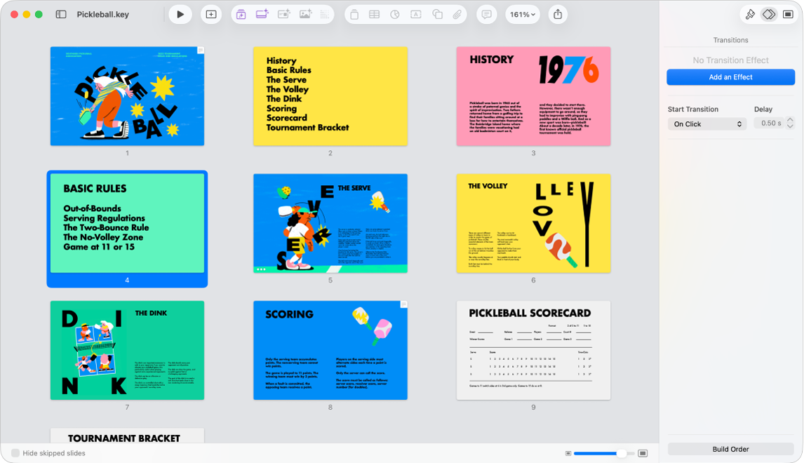 Light table view displaying nine slides horizontally in two rows, with options to change the theme’s appearance in the Format sidebar on the right side of the screen.