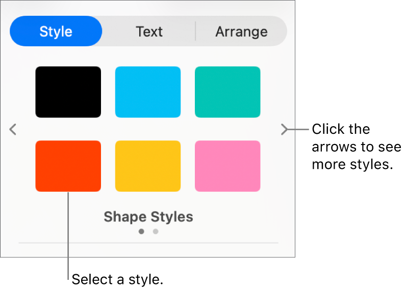 The Style tab of the Format sidebar with six object styles and navigation arrows on their left and right.