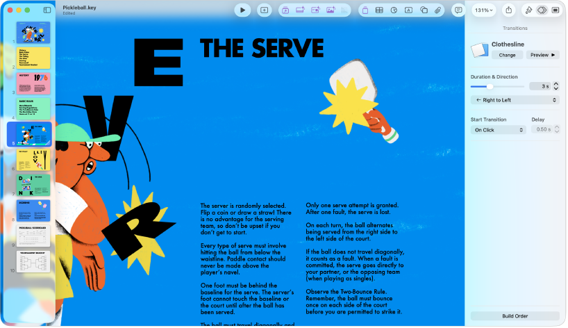 The Keynote window with a slide selected in the slide navigator on the left side of the screen. The Transitions controls appear in the Animate sidebar on the right side of the screen.