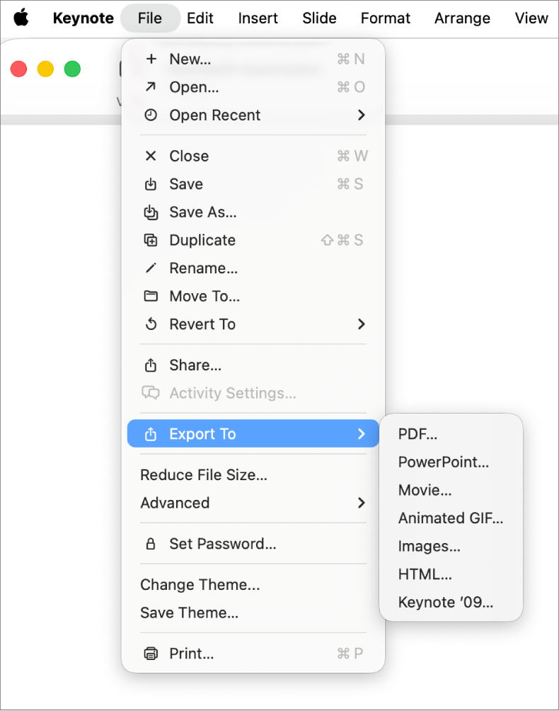 The File menu open with Export To selected and its submenu showing export options such as PDF, PowerPoint, and Movie.