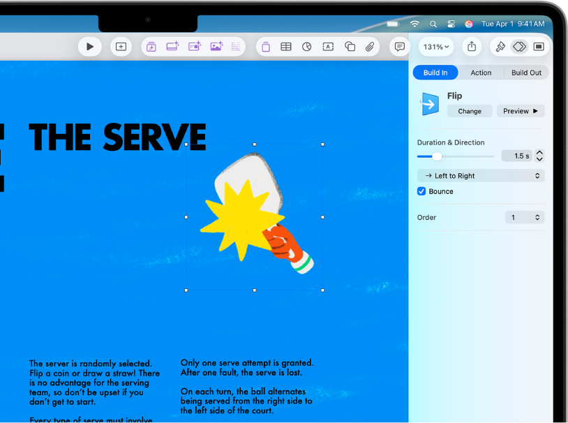 The Animation controls for adding animation to the selected image. Build In, Action, and Build Out buttons are across the top of the sidebar. Build In is selected and shows controls for the Drift and Scale effect.