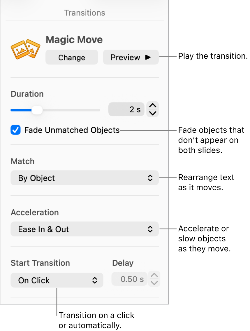 Magic Move transition controls in the Transitions section of the Animate sidebar.