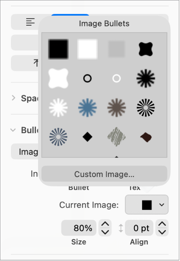 The Image Bullets pop-up menu.
