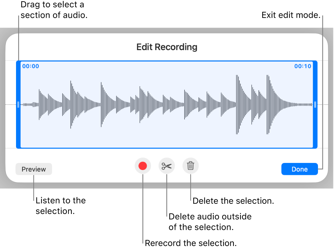 Controls for editing recorded audio. Handles indicate the selected section of the recording, and Preview, Record, Trim, Delete, and Edit Mode buttons are below.
