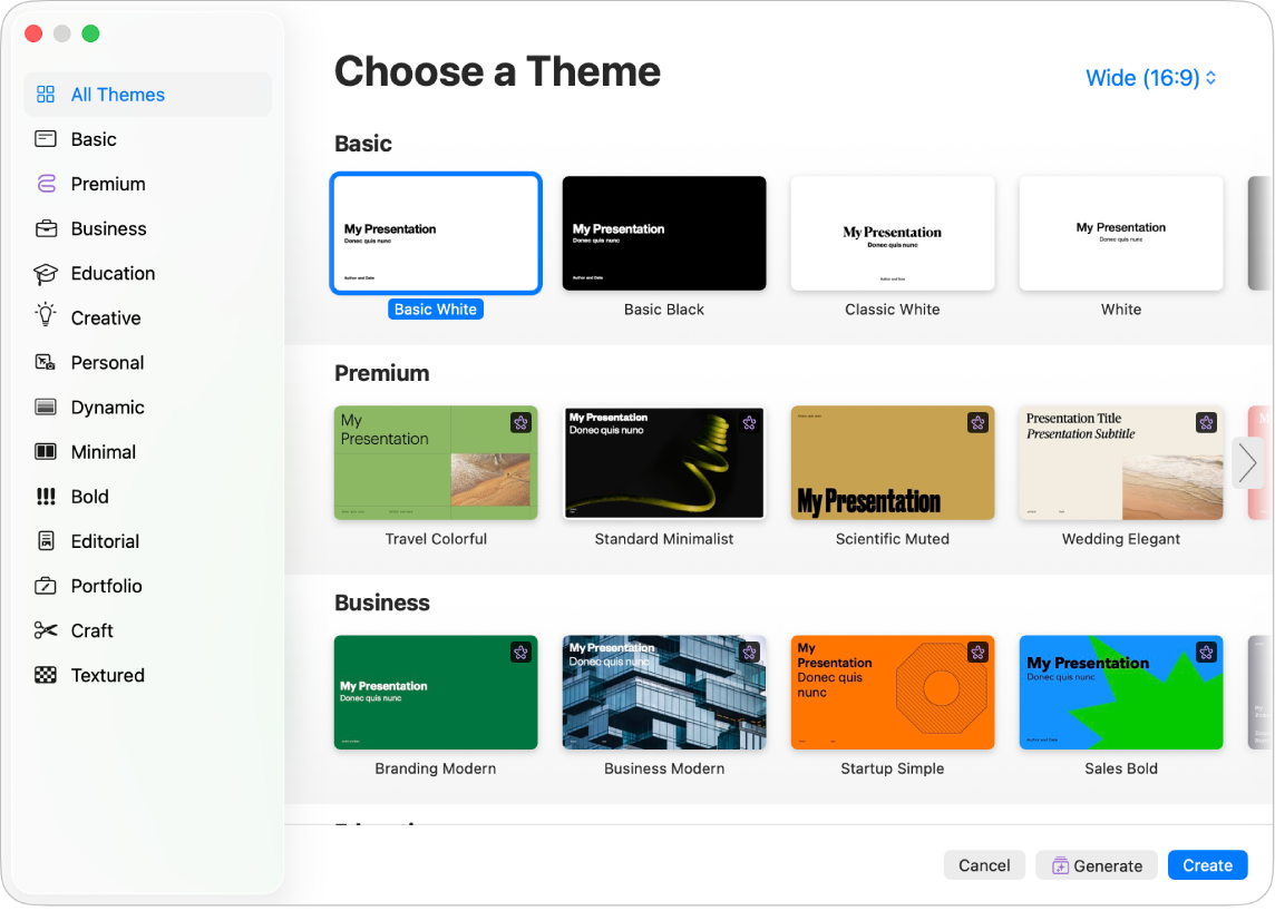 The theme chooser. A sidebar on the left lists theme categories you can click to filter options. On the right are thumbnails of predesigned themes, arranged in rows by category.