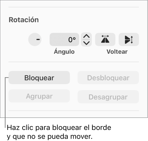 Los controles para girar, bloquear y agrupar objetos, con un mensaje en la opción Bloquear.