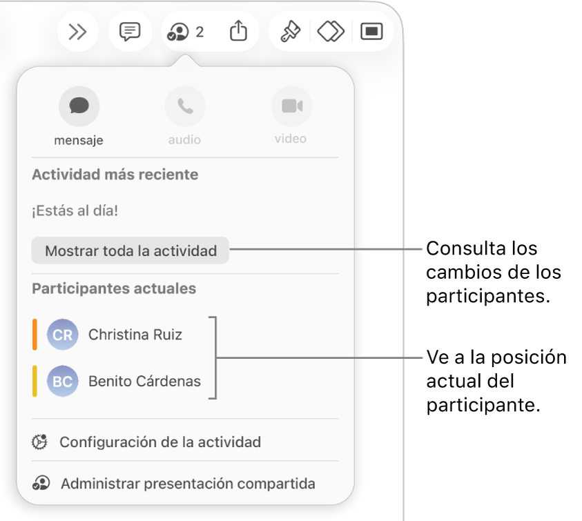El menú de colaboración con dos participantes actuales que aparecen ahí.