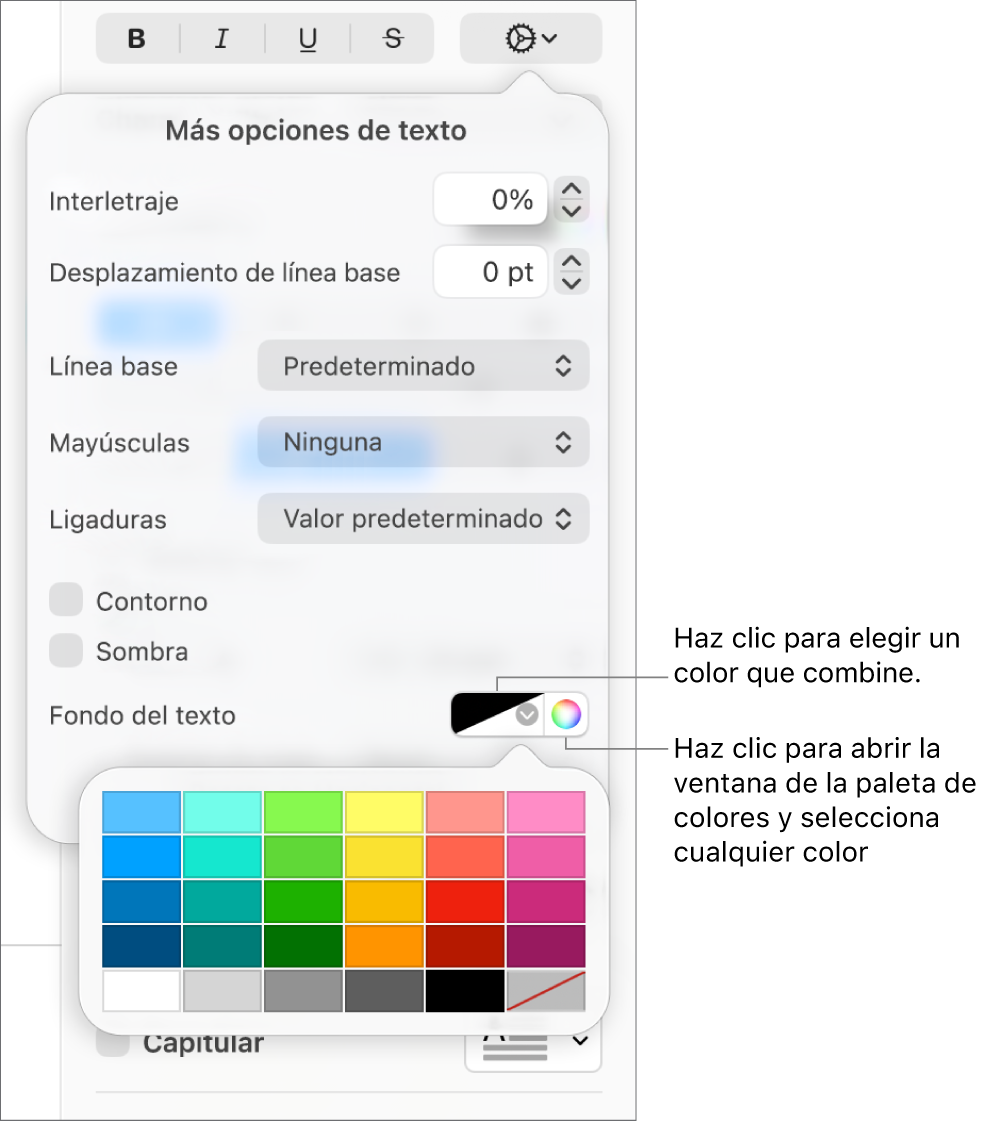 Controles para elegir un color de fondo del texto.