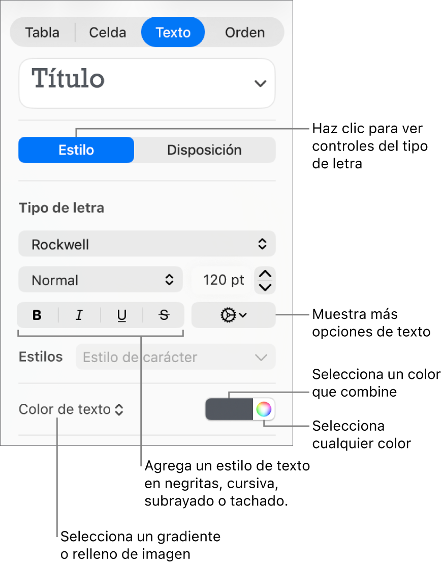 Los controles para aplicar un estilo a texto de la tabla.