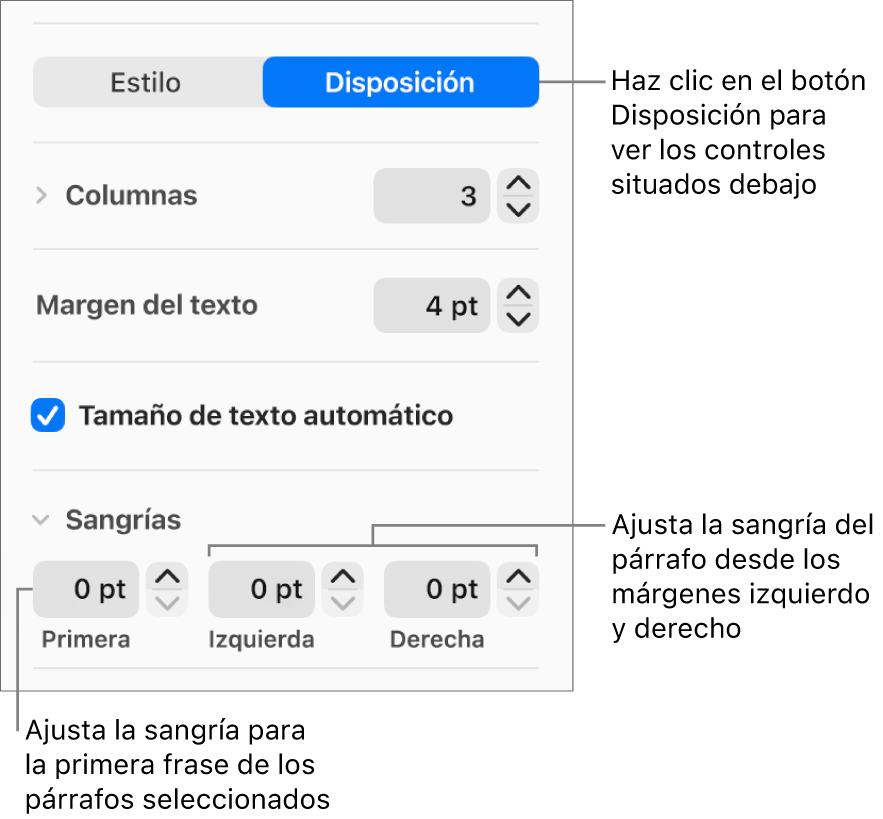 La sección Disposición de la barra lateral Formato con controles para ajustar la sangría de la primera línea y los márgenes de párrafo.