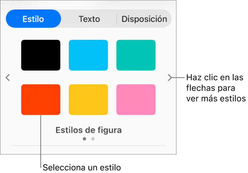 La pestaña Estilo de la barra lateral Formato con seis estilos de objetos y flechas de navegación a la izquierda y a la derecha.