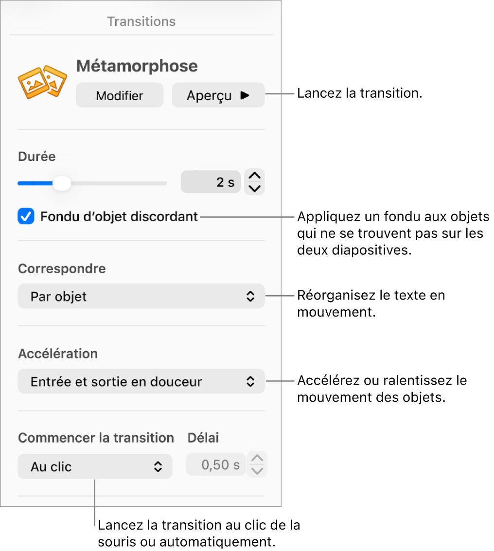 Commandes de transition Métamorphose de la section Transitions de la barre latérale Animer.