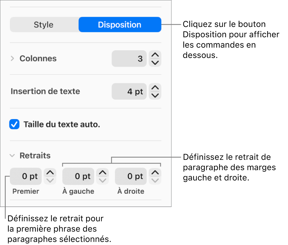 La section Disposition de la barre latérale Format, présentant les commandes définissant le retrait de première ligne et les marges de paragraphe.