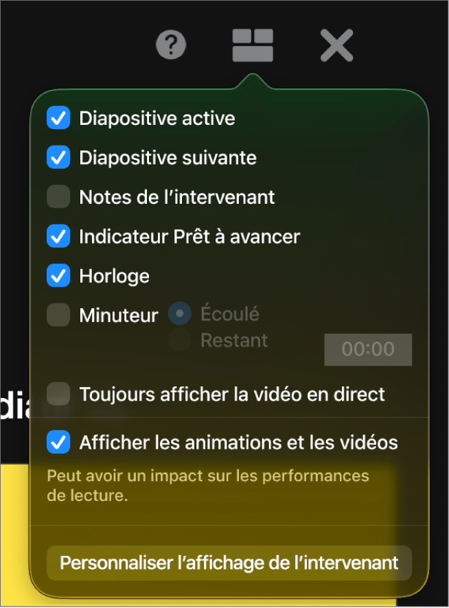 Les options de l’affichage de l’intervenant, y compris Diapositive active, Diapositive suivante, Notes de l’intervenant, Indicateur Prêt à avancer, Horloge et Minuteur. Le minuteur propose des options supplémentaires permettant d’afficher le temps passé et le temps restant.