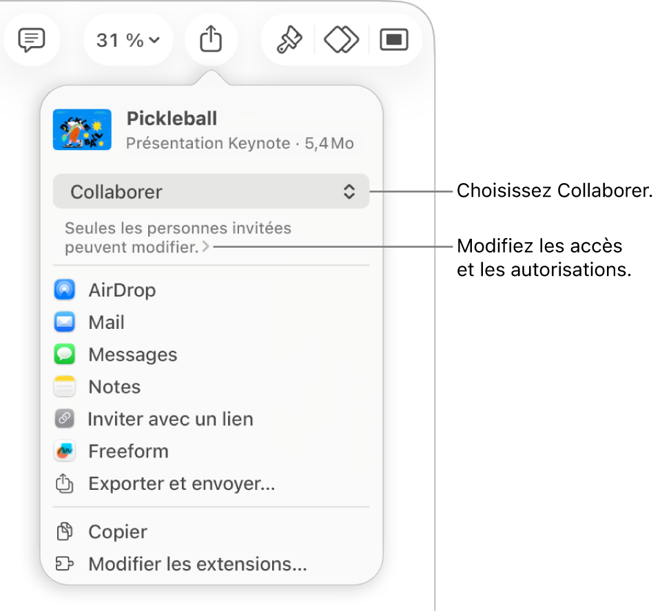 Le menu Partager avec l’option Collaborer sélectionnée en haut, et des réglages d’accès et d’autorisation en dessous.