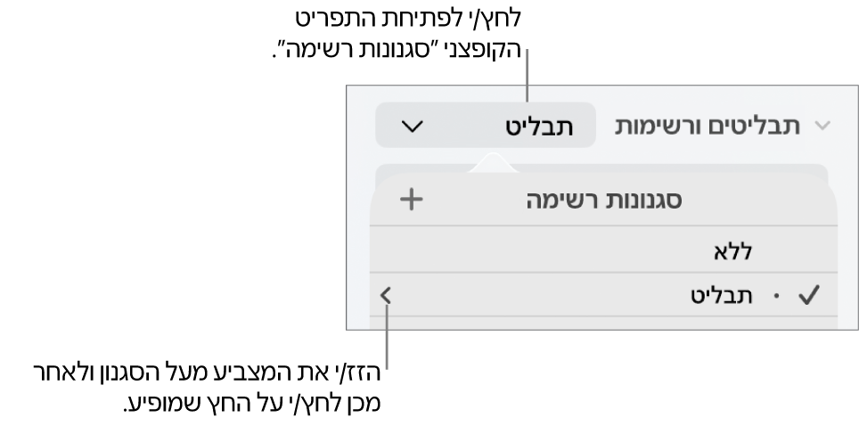התפריט הקופצני ״סגנונות רשימה״ עם סגנון אחד נבחר וחץ בקצה הימני שלו.