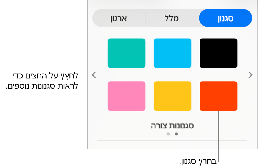 הכרטיסיה ״סגנון״ של סרגל הצד ״עיצוב״ עם ששה סגנונות אובייקטים וחצים לניווט מצידם הימני והשמאלי.